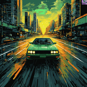 AI generated: A pixelated vector of cars racing, with glitched-out patterns, in shades of green and yellow, in a G...