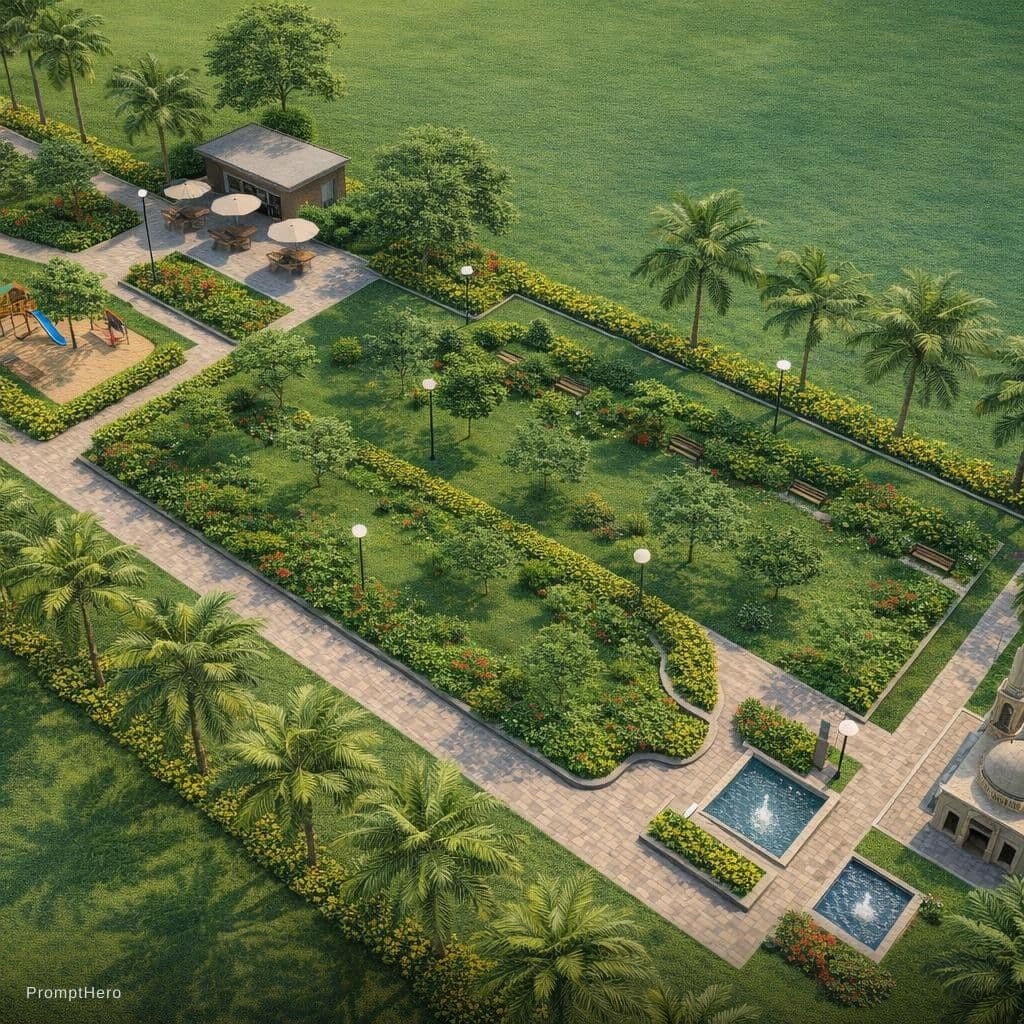 AI generated: Convert this 2D site plan into a realistic 3D landscape design while strictly preserving the origina...
