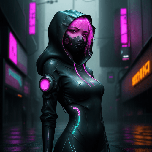 AI generated: Create a captivating cyberpunk illustration featuring a mysterious girl wearing a hood, navigating a...