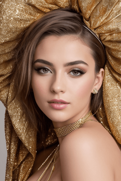 AI generated: a commercial photo portrait of the young instagram model wearing golden dress and beautiful hair sty...