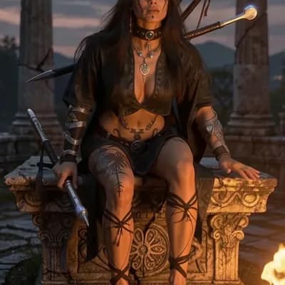 AI generated video: the woman stands up and handles the sword