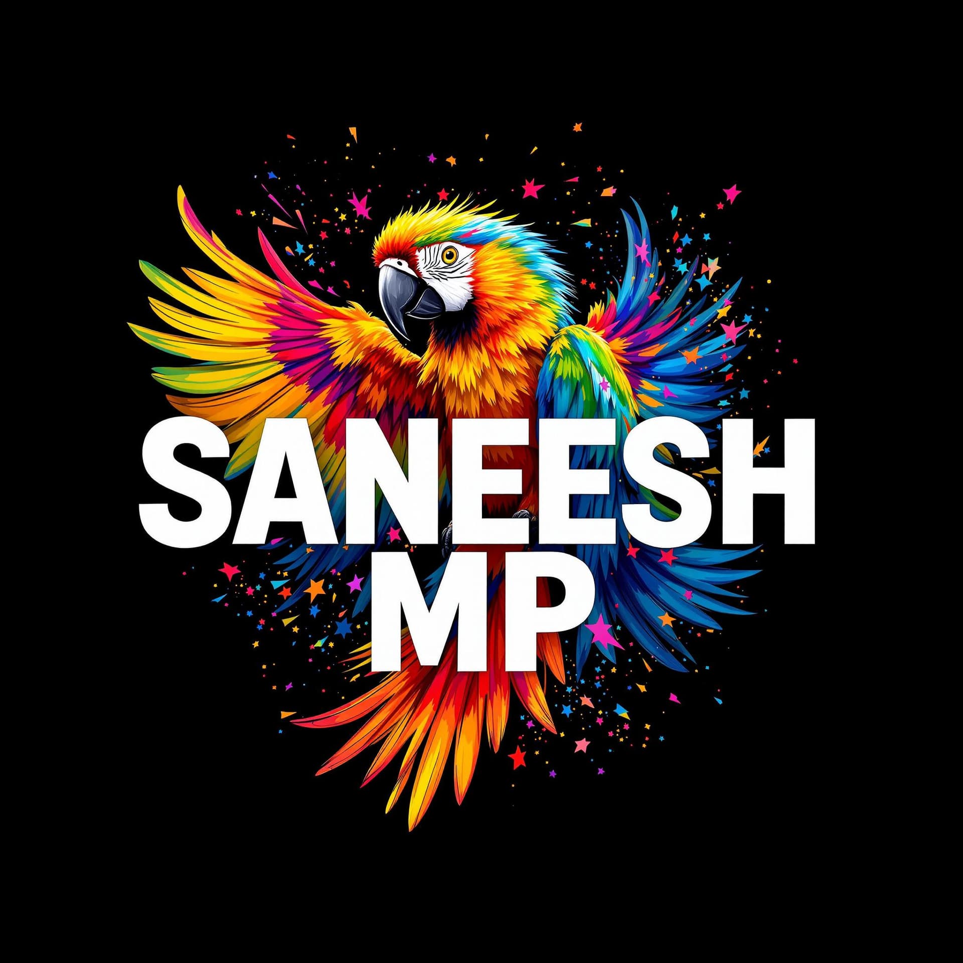AI generated: A vibrant and bold design featuring the phrase 'SANEESH MP' in a striking white, uppercase, bold fon...