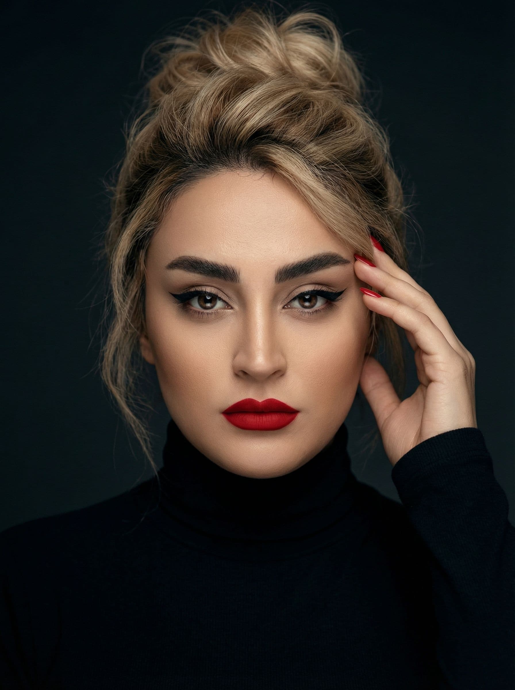 AI generated: A cinematic close-up portrait of a striking woman in a sleek black turtleneck, her face softly illum...