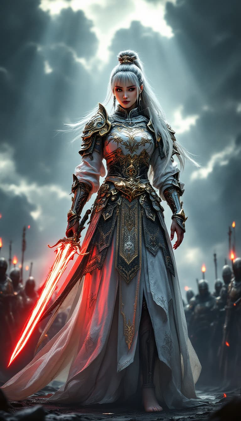 AI generated: Full body view of  a Female oriental knight in full armor, hkstyle, white with gold embellishments, ...