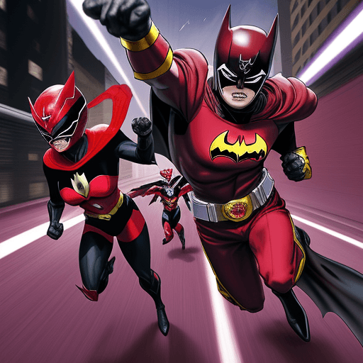 AI generated: red black batman with a red power rangers helmet and a purple and yellow robin with a purple power r...
