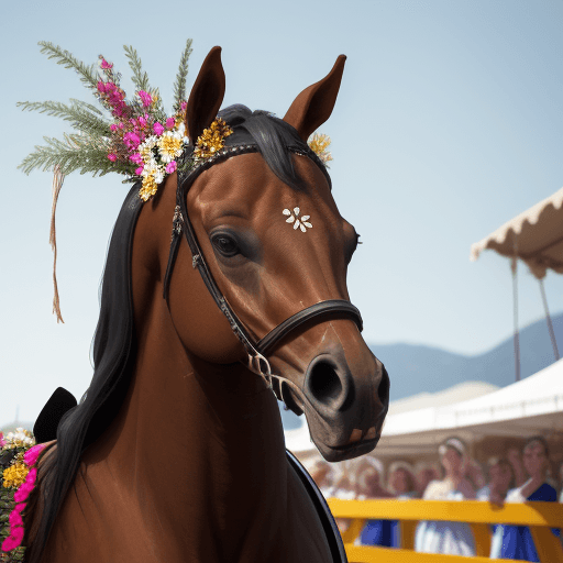 AI generated: Extremely low angle shot of a Greek horsewoman wearing loose calluses and decorated with a flower aw...