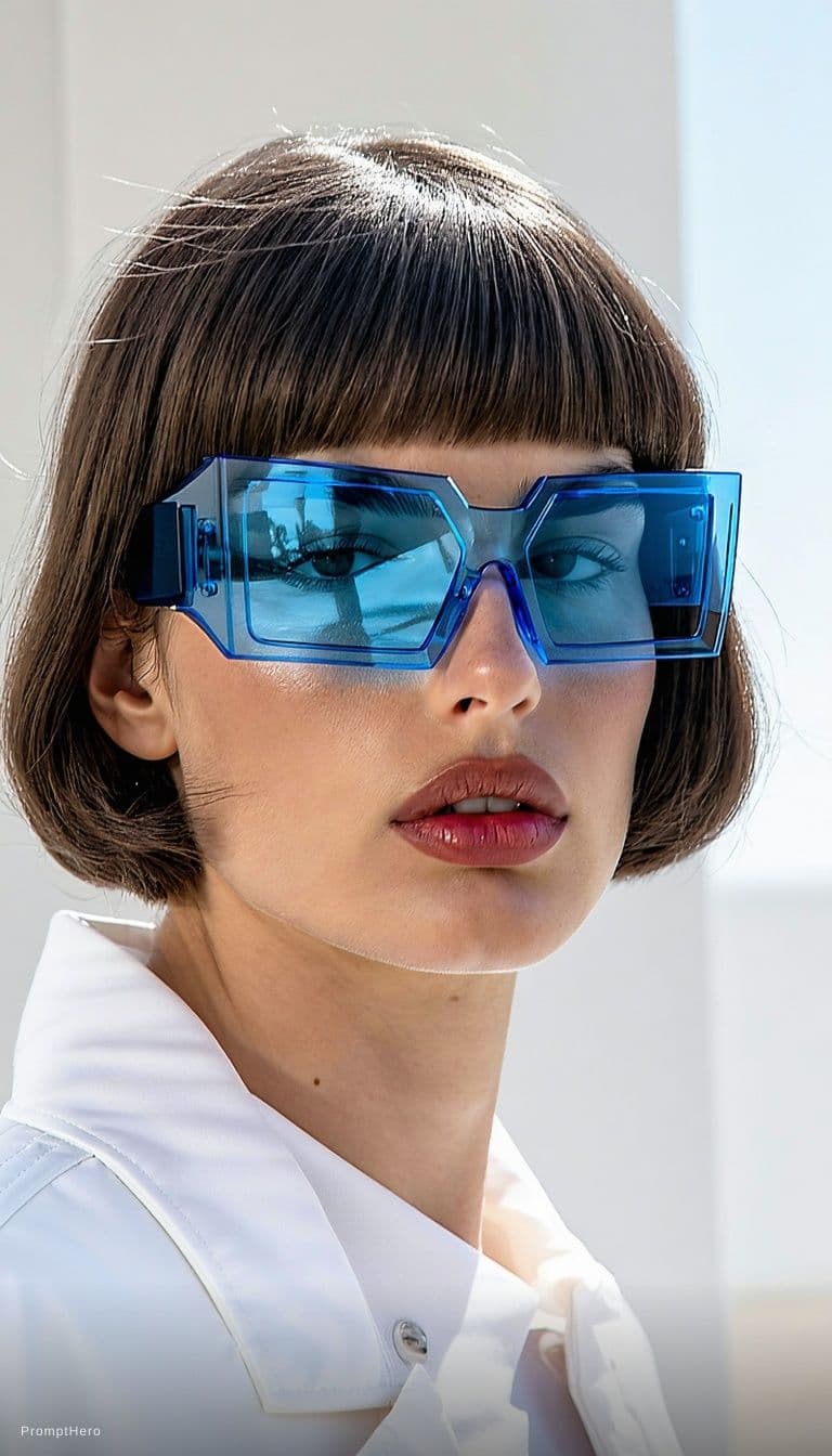 AI generated: Fashion shoot, Jacquemus and Moncler collaboration: dark blue translucent futuristic sunglasses, hyp...