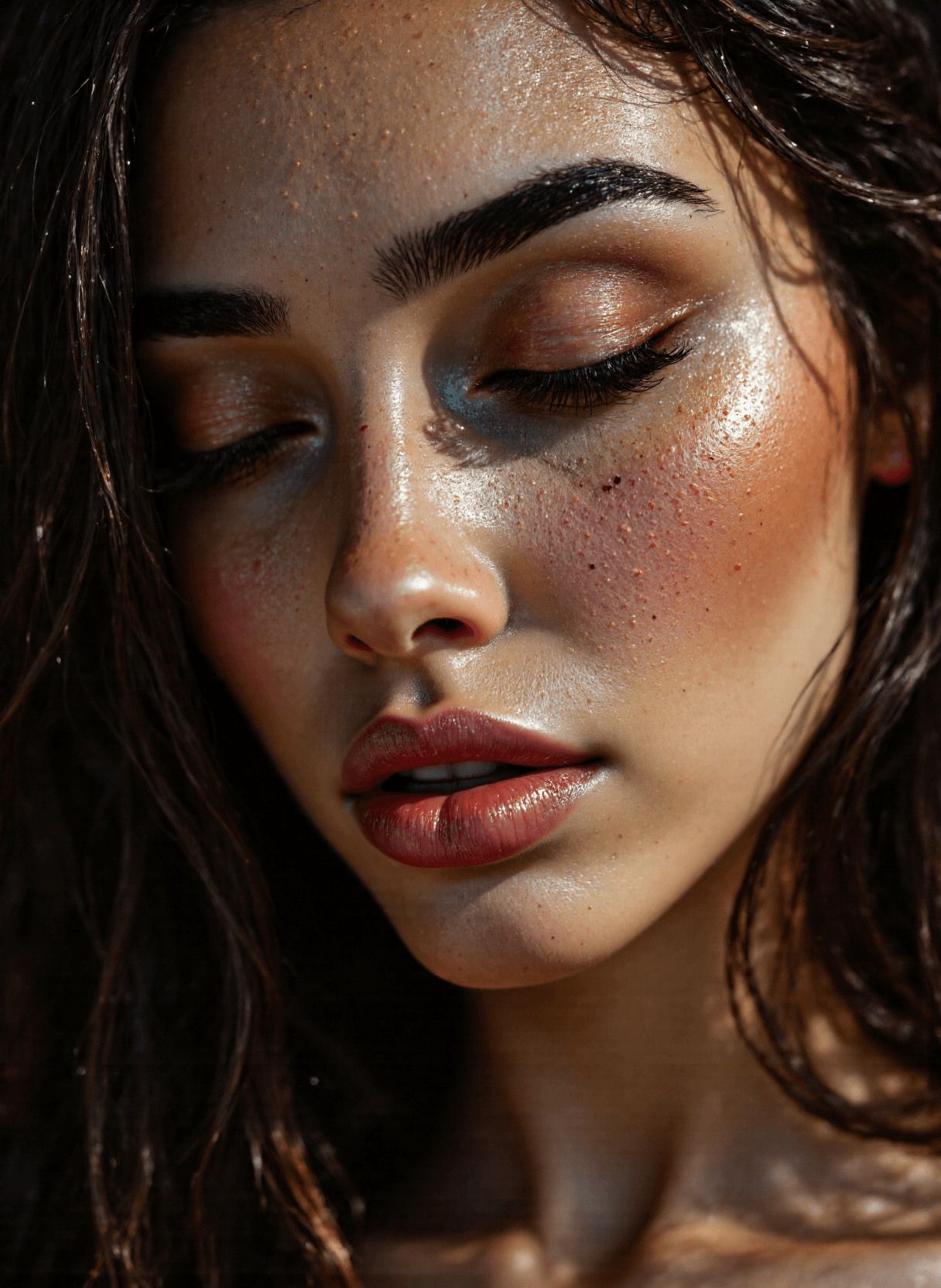 AI generated: The image depicts a close-up of a woman's face, focusing on the skin and facial features. The skin a...