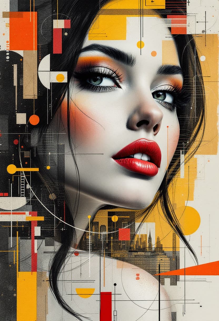 AI generated: Charming woman close up, her face, in abstract art. Fascinating design, in abstract, geometric shape...