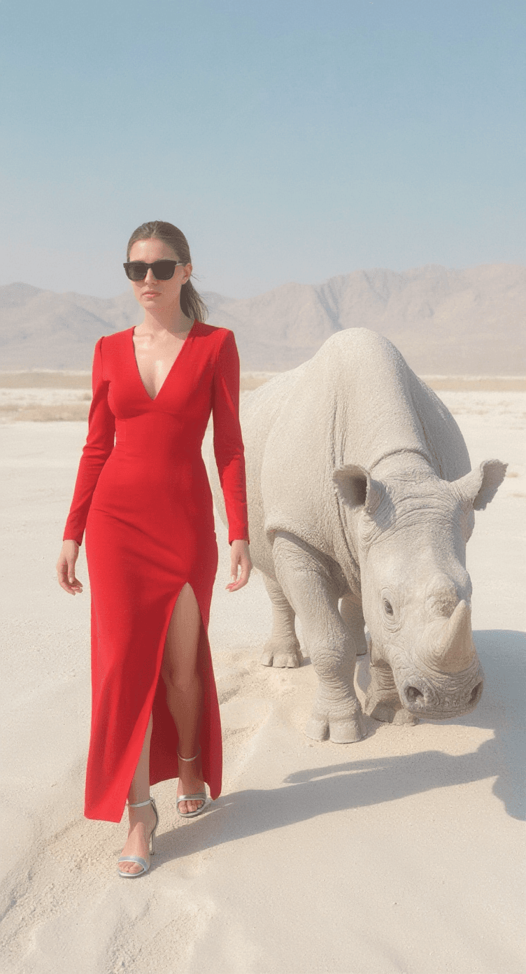 AI generated: {
  "scene": {
    "type": "editorial fashion surrealism",
    "location": "barren white desert w...