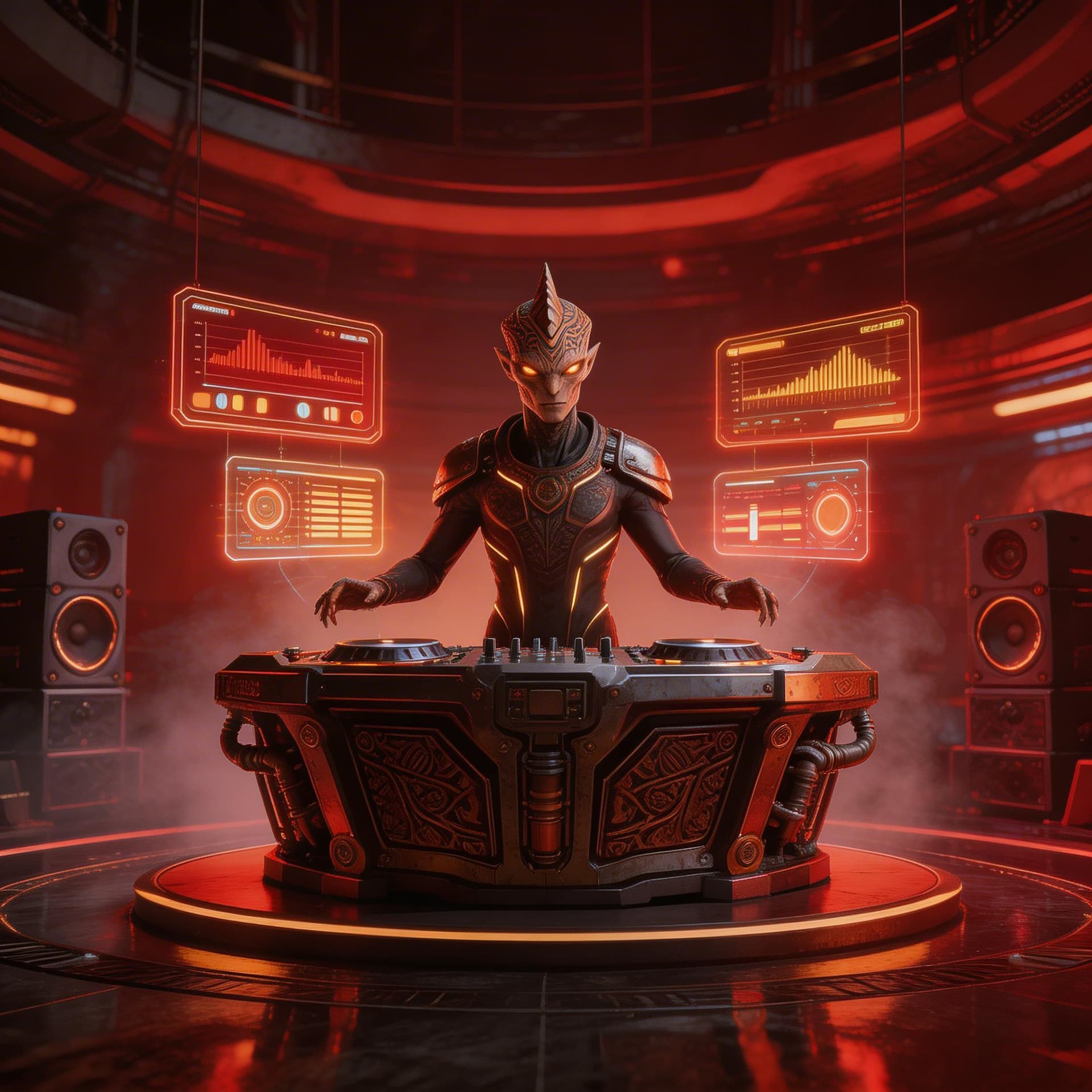 AI generated: Futuristic TAGG DJ command booth inside alien nightclub, massive elevated armored metallic platform ...
