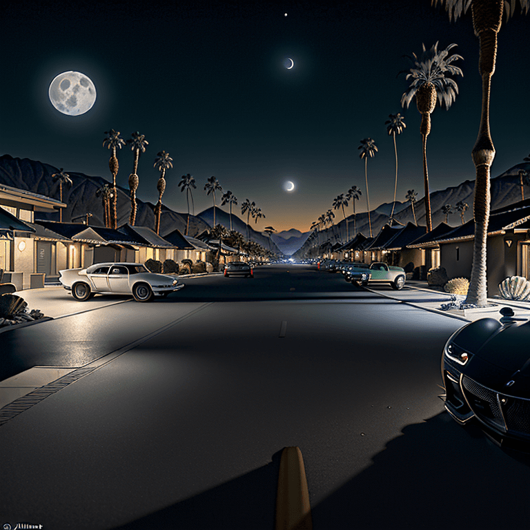 AI generated: The image captures a serene night scene on a Palm Springs street, where the moon casts a gentle glow...