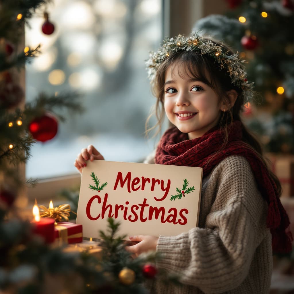 AI generated: very beautiful girl,christmas scene,"merry christmas" on a little sign,present,christmas look,full b...