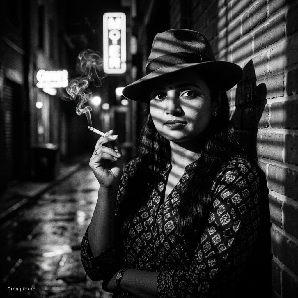AI generated: film noir photo, beautiful woman, in the style of Robert Coburn, slight blur --chaos 20 --ar 1:2 --s...