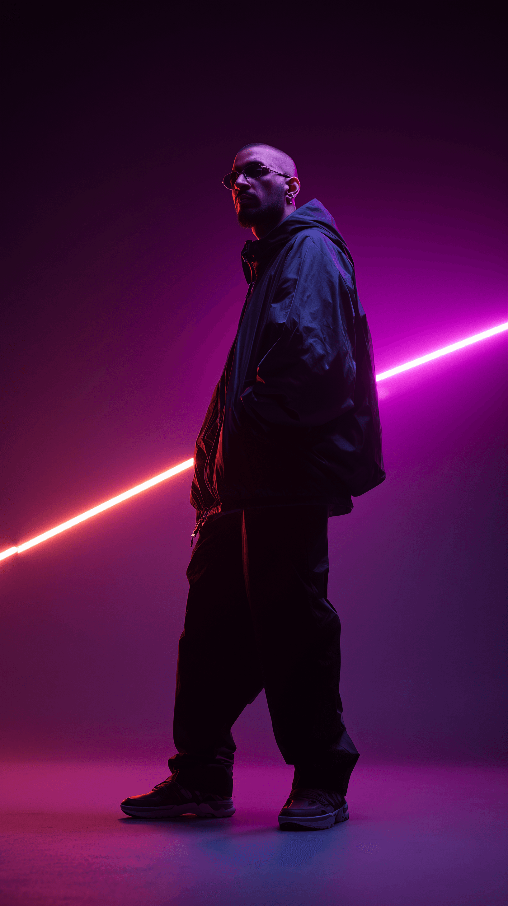 AI generated: photography, front central view, man model, full-body profile pose, gaze, used camera is Canon EOS R...