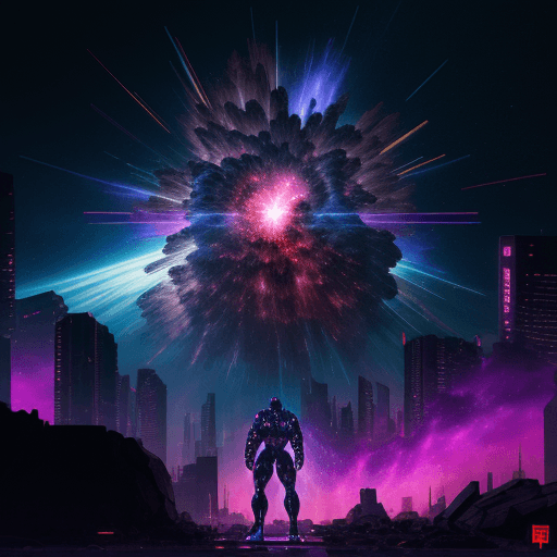 AI generated: an cyberpunk landscape of a bodybuilder, depicted as an explosion of a nebula