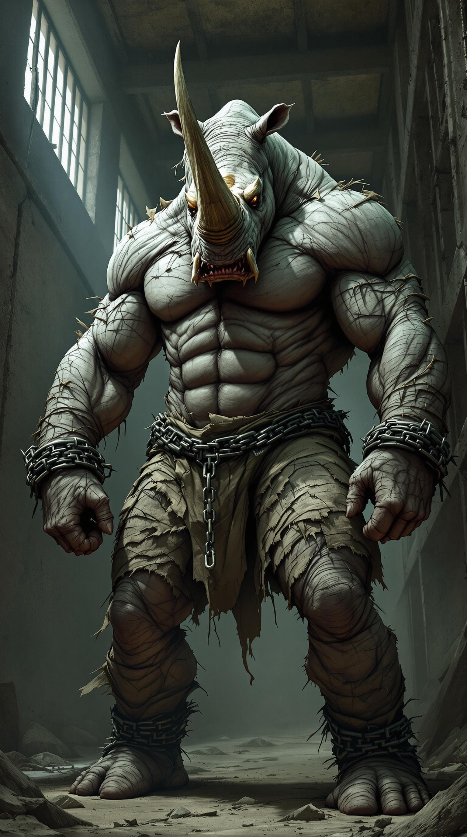 AI generated: A towering humanoid rhinoceros with a massive horn, bulging veins, and ripped muscles, dressed in a ...