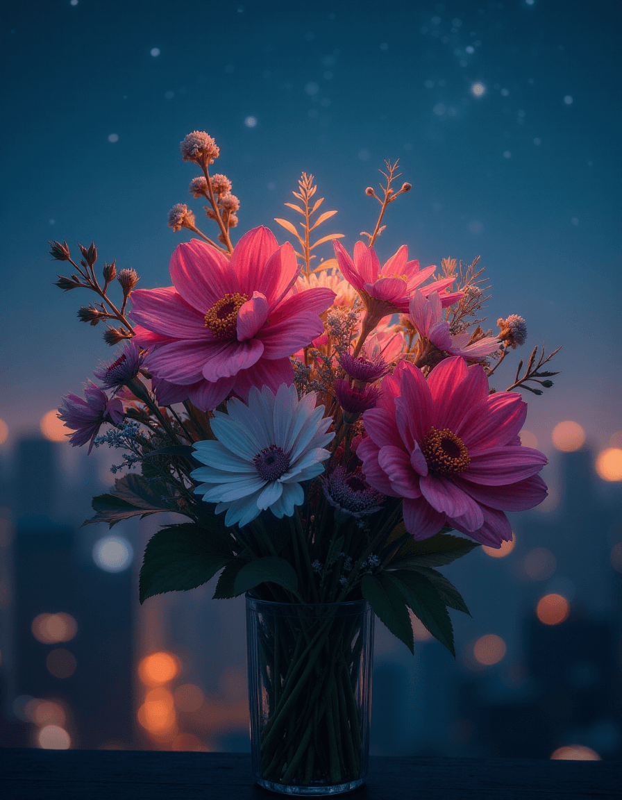 AI generated: bouquet flowers, night city in the background, sky with stars, art by greg rutkowski and artgerm, so...