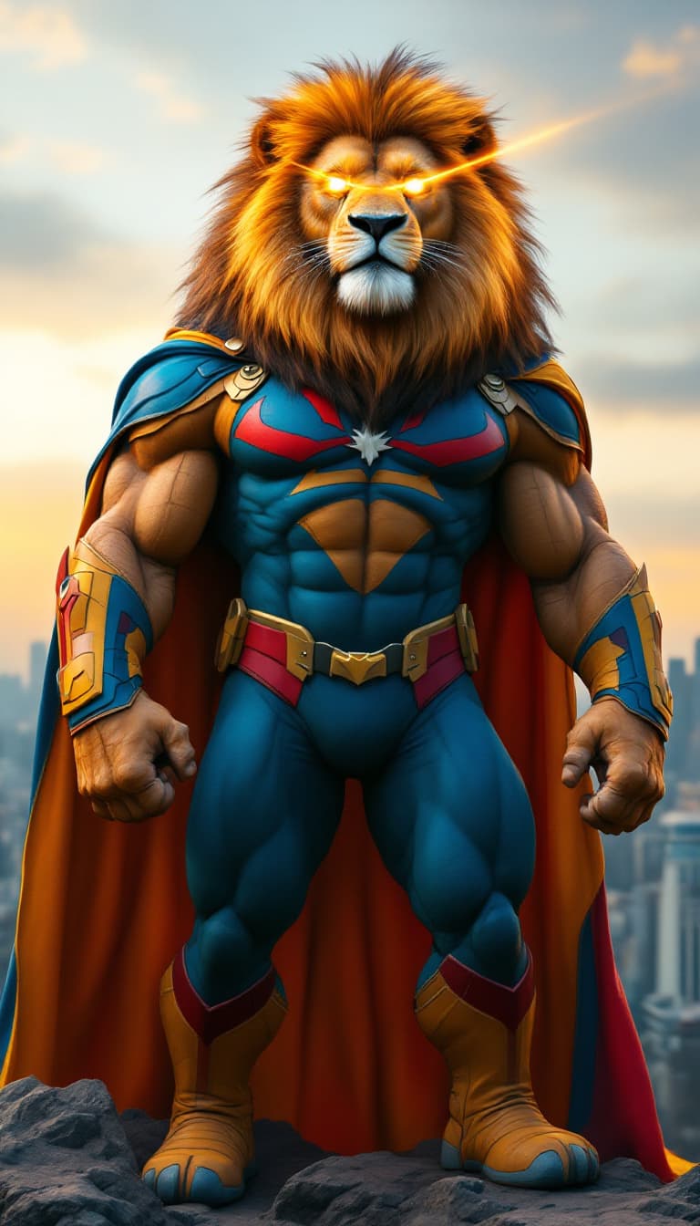 AI generated: A muscular and giant african lion with a human body, dressed in a superhero suit. The suit is colorf...