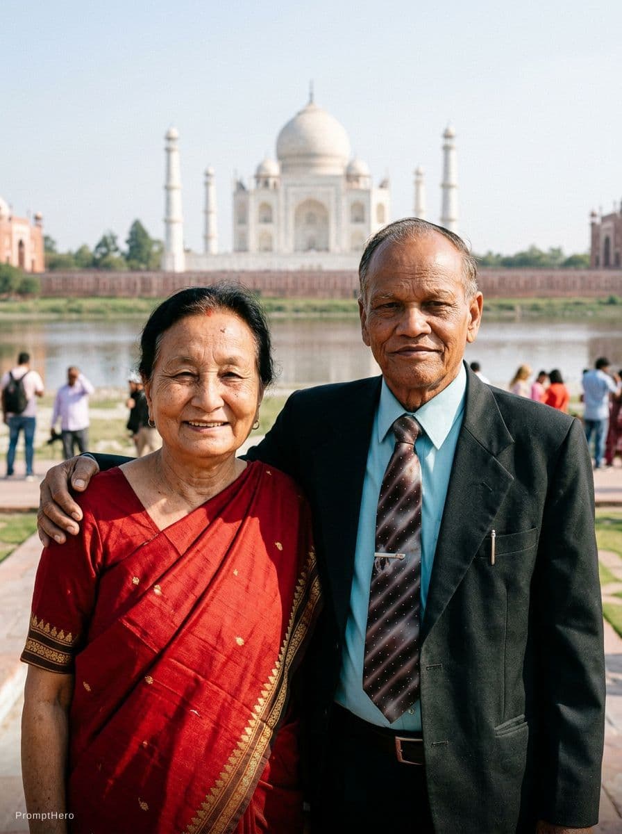 AI generated: Elderly couple posing in Delhi, Agra in broad daylight ultra realistic hyper realistic photo realist...