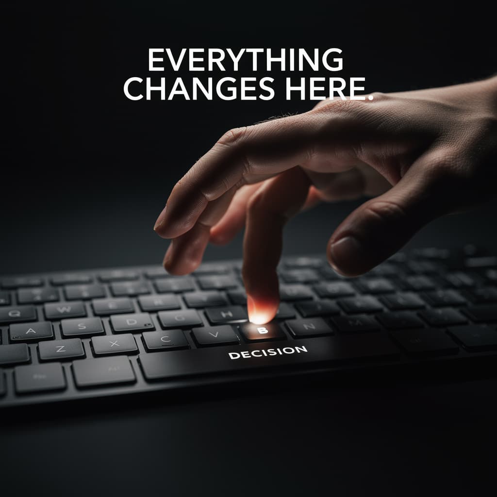 AI generated: Scene: close-up of a single hand hovering over a keyboard in a dark room.
One key is softly illumina...