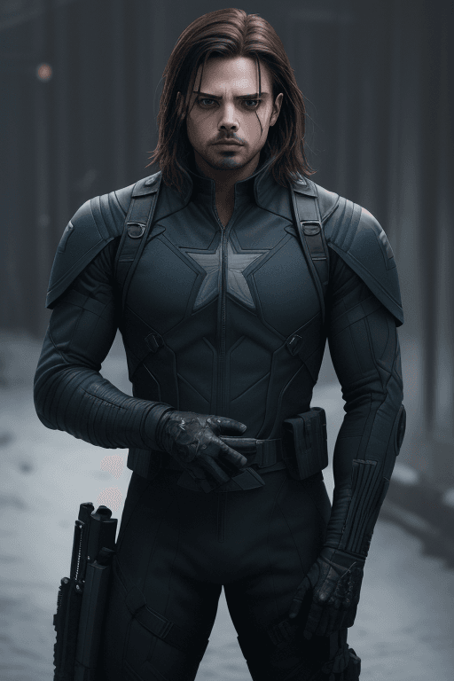 AI generated: extremely detailed photo of a man, Bucky Barnes, Winter Soldier, avengers, wearing black soldier sui...