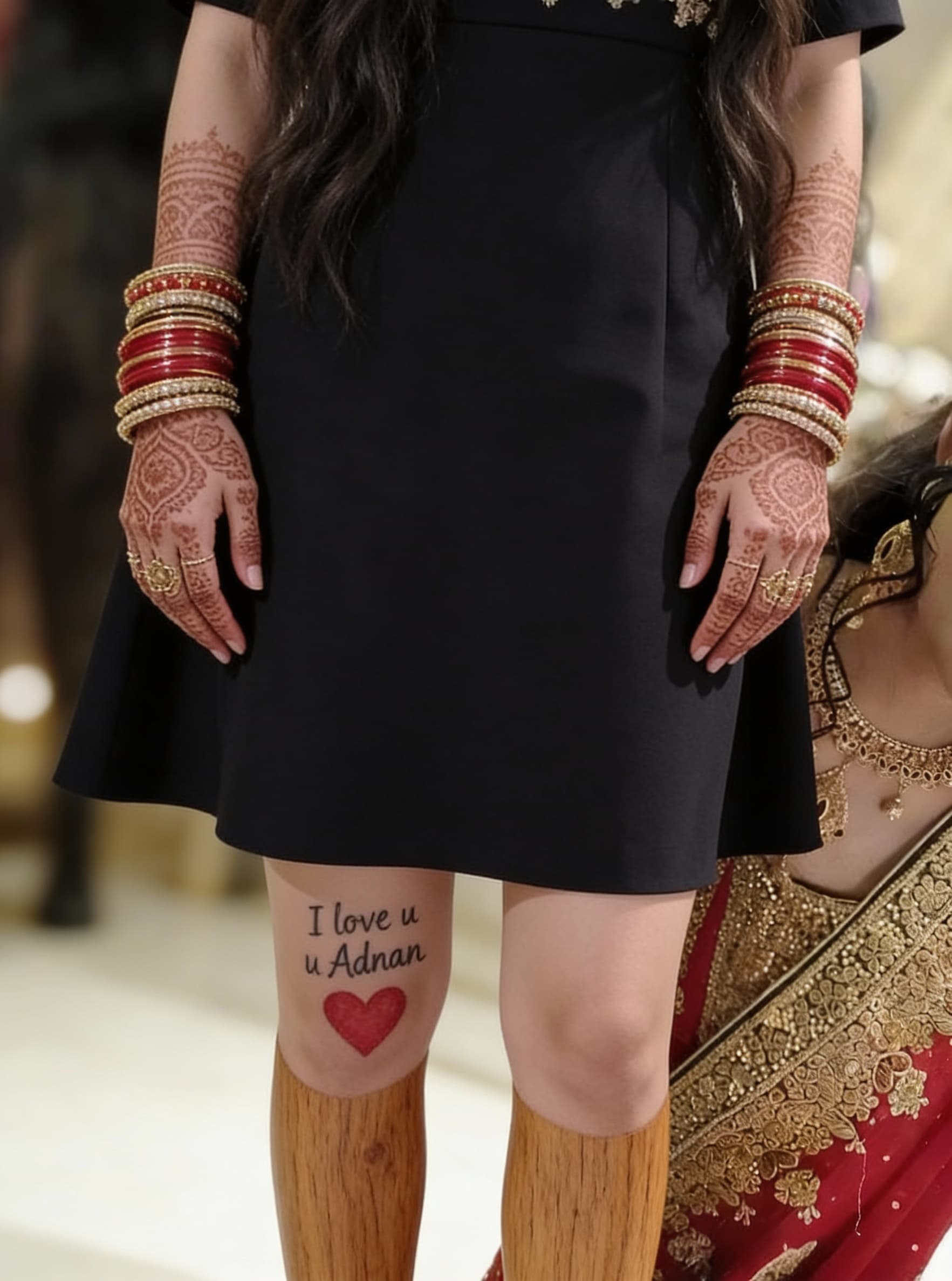 AI generated: Is lakdi k paron py tattoo py likha ho I love u Adnan red heart ho ur dress shot and midi ur full ha...