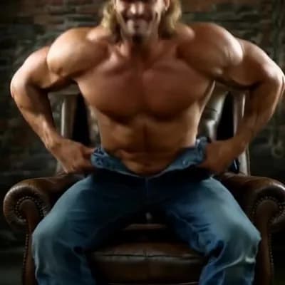 AI generated video: Taking pants off, white thong underwear big bulge, Laying down on couch looking at me, grinning