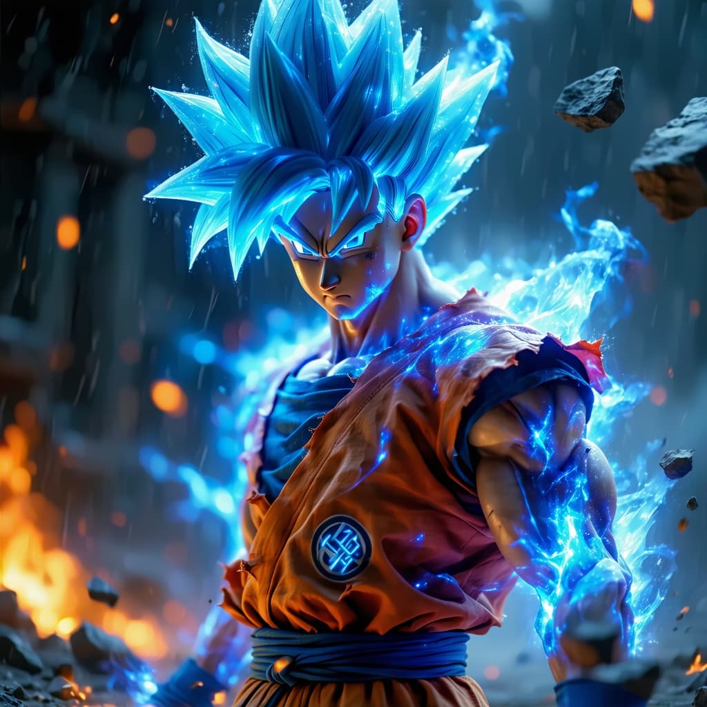 AI generated: realistic style, Goku fighting at war, raging, blue hair, character design, body is adorned with glo...