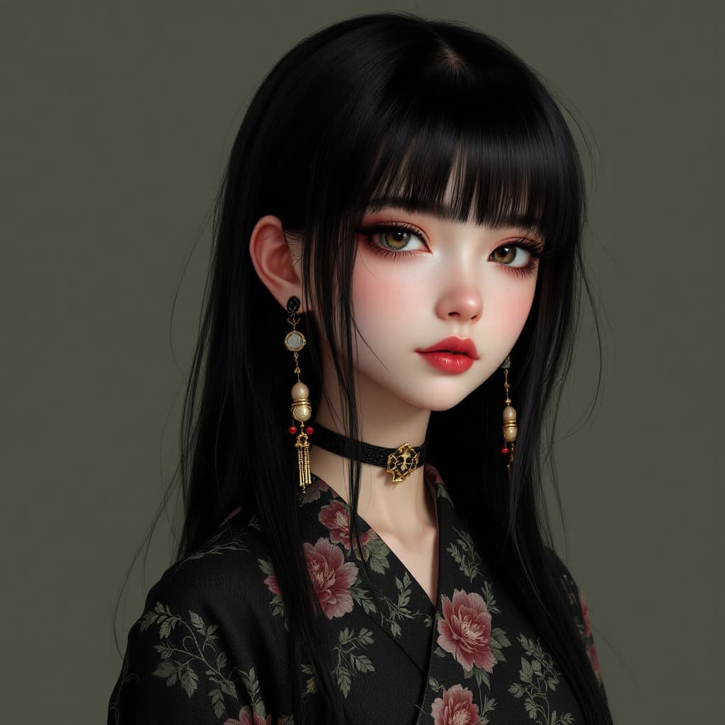 AI generated: a dark haired girl dressed in an asian style, in the style of subtle ink application, appropriation ...