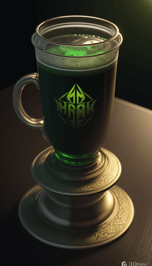 AI generated: Cup on the table with the design and character of hulk The Cup is gold and Green
dark, no watermark,...