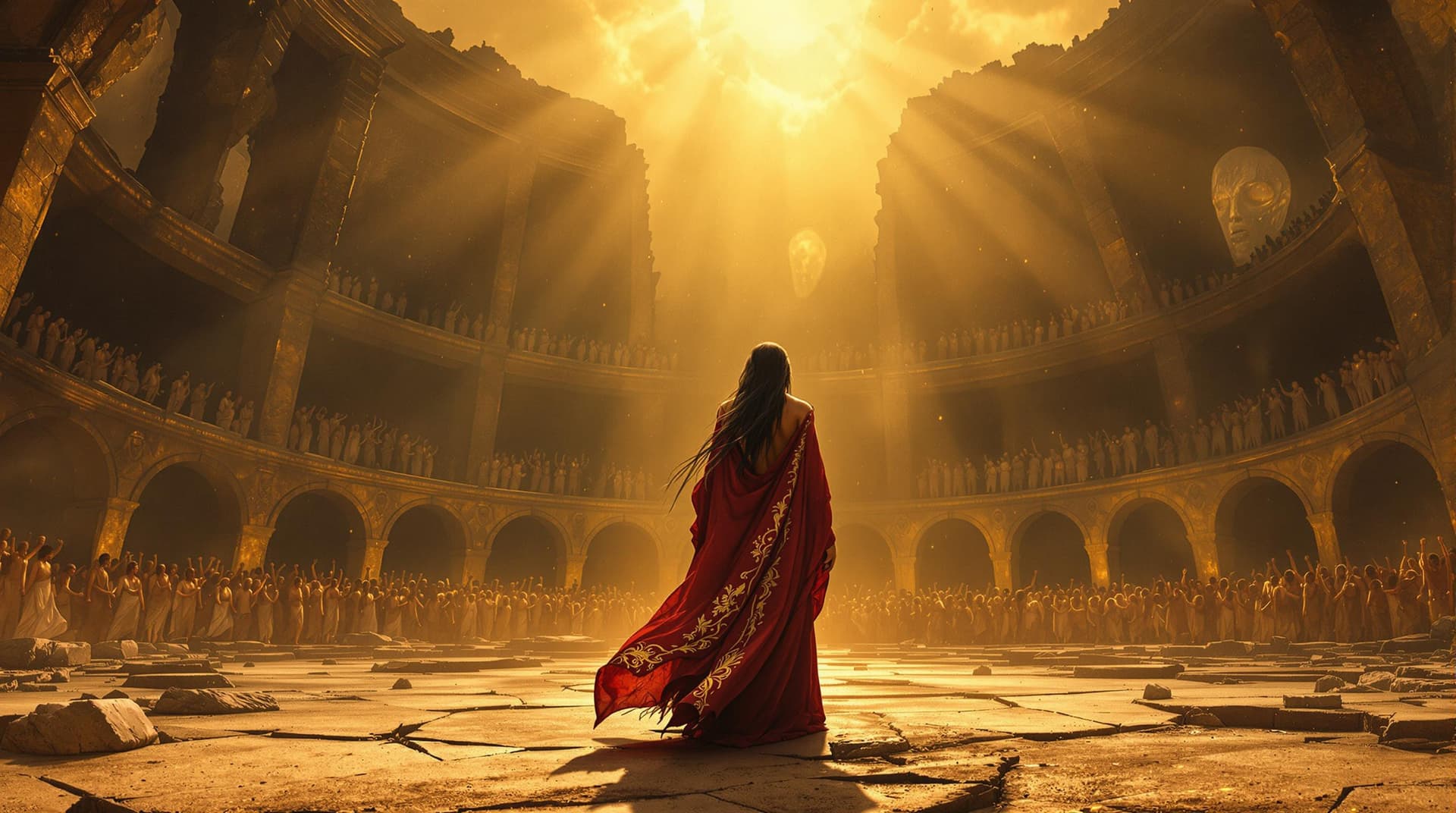 AI generated: A ruined amphitheater lies open beneath an eternal golden sky—thick with ash, glowing with the last ...