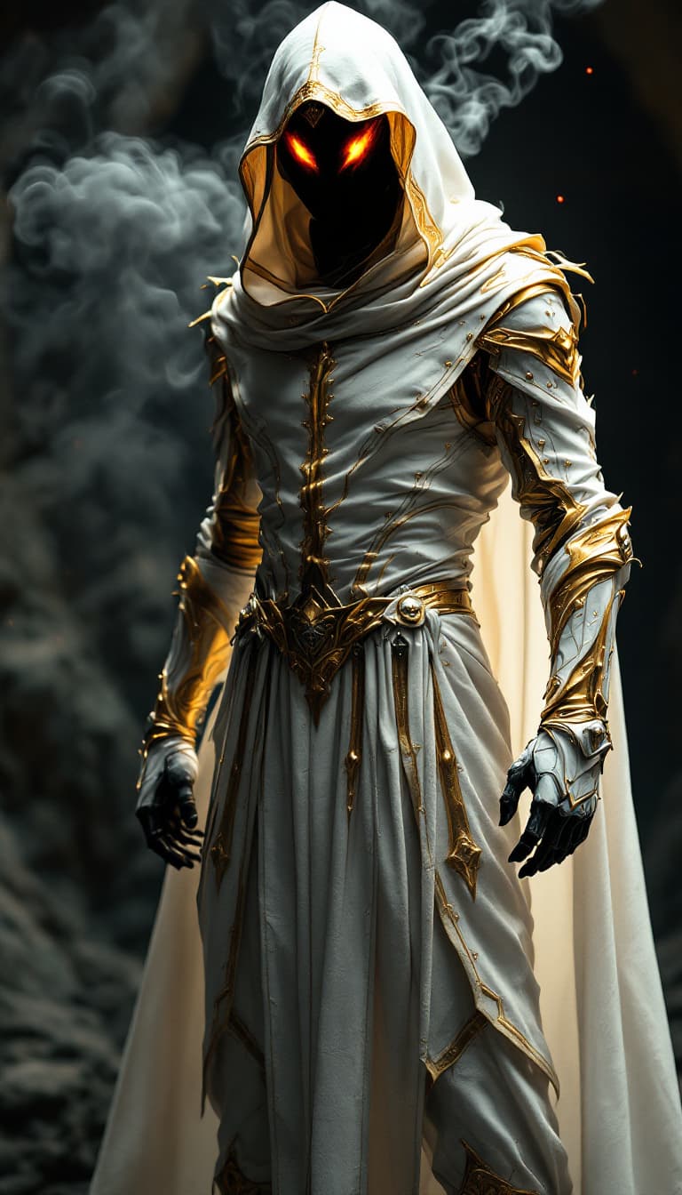 AI generated: Dark fantasy, shadow knights, (( white and gold plug suit, black smoke in plug suit)), (burning eyes...