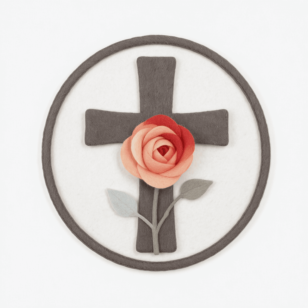 AI generated: Create a cross within a circle, framed. Add an ombre rose. Muted colors. All made of felt material. ...