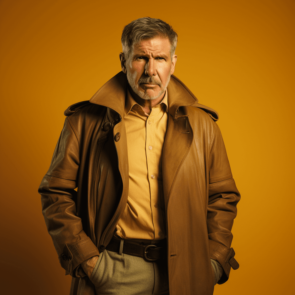 AI generated: Vogue style photo shoot of Harrison Ford] as character Rick Deckard from the movie Blade Runner] pas...