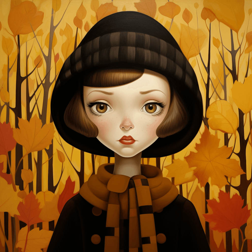 AI generated: autumn character, Tara McPherson, Jessie Willcox Smith, Vytautas Kairiukstis, Amrita Sher-Gil, Ray C...