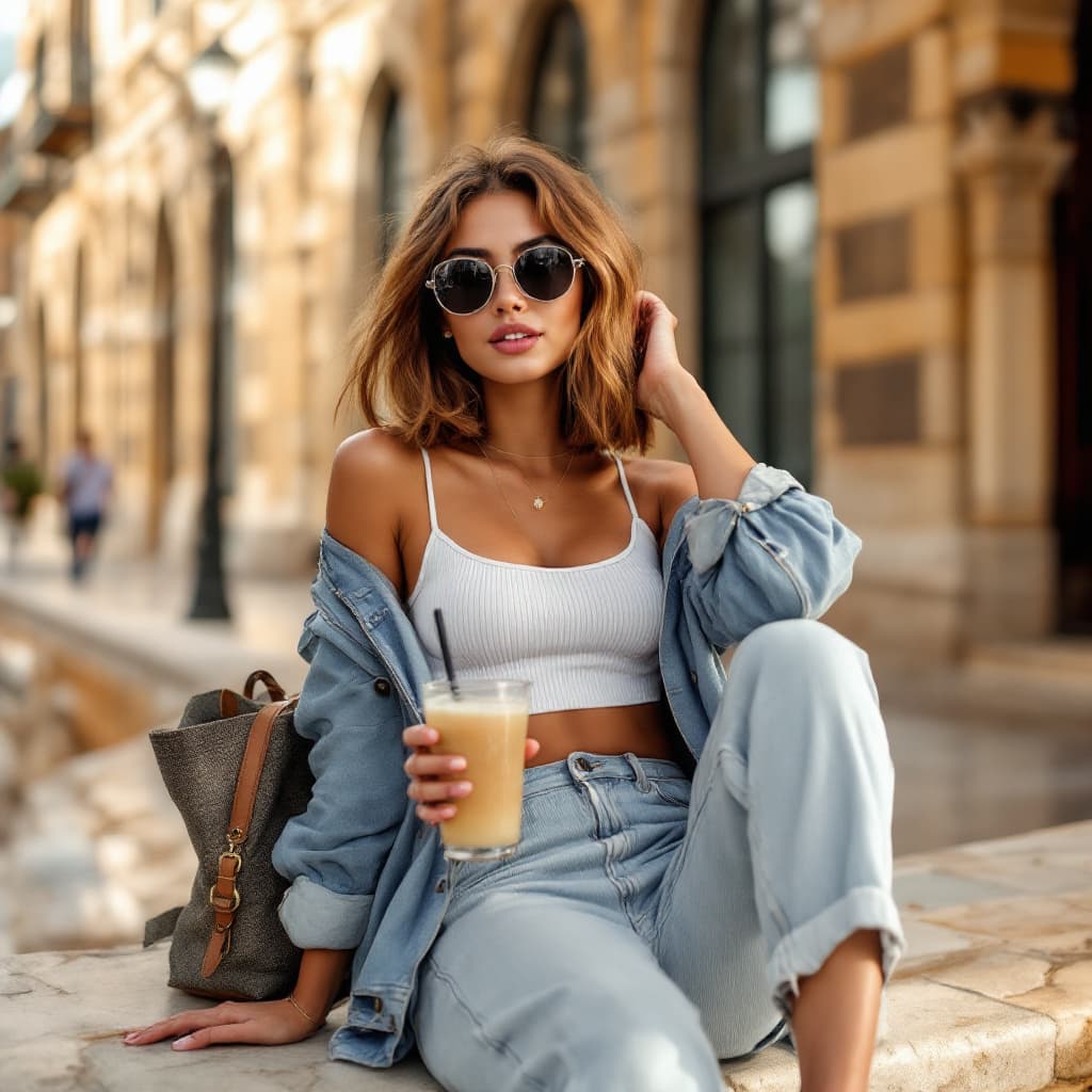 AI generated: perky young mixed Portuguese and Moroccan woman with chestnut-colored hair is styled in a blunt bob,...