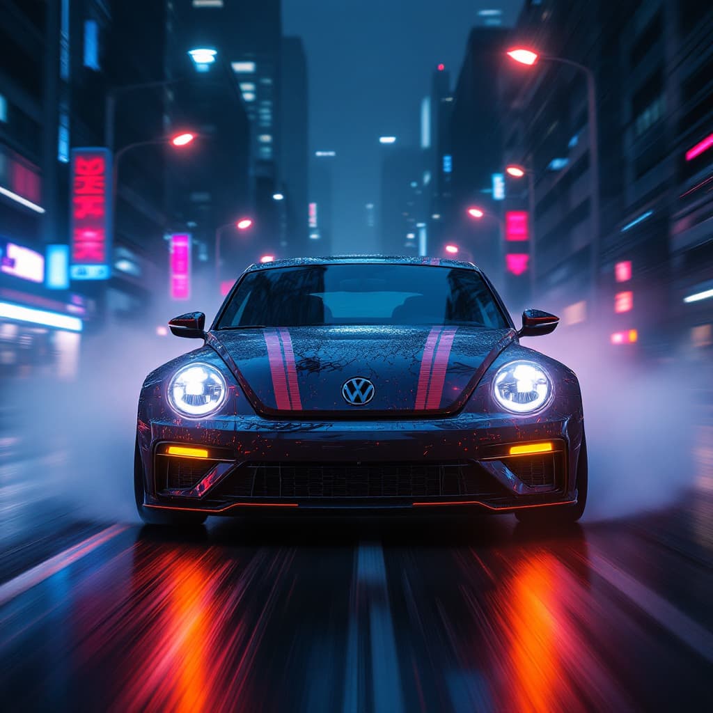 AI generated: Volkswagen New Beetle (((at night))), high speed, ((motion blur)), movie action scene, (((Need for S...