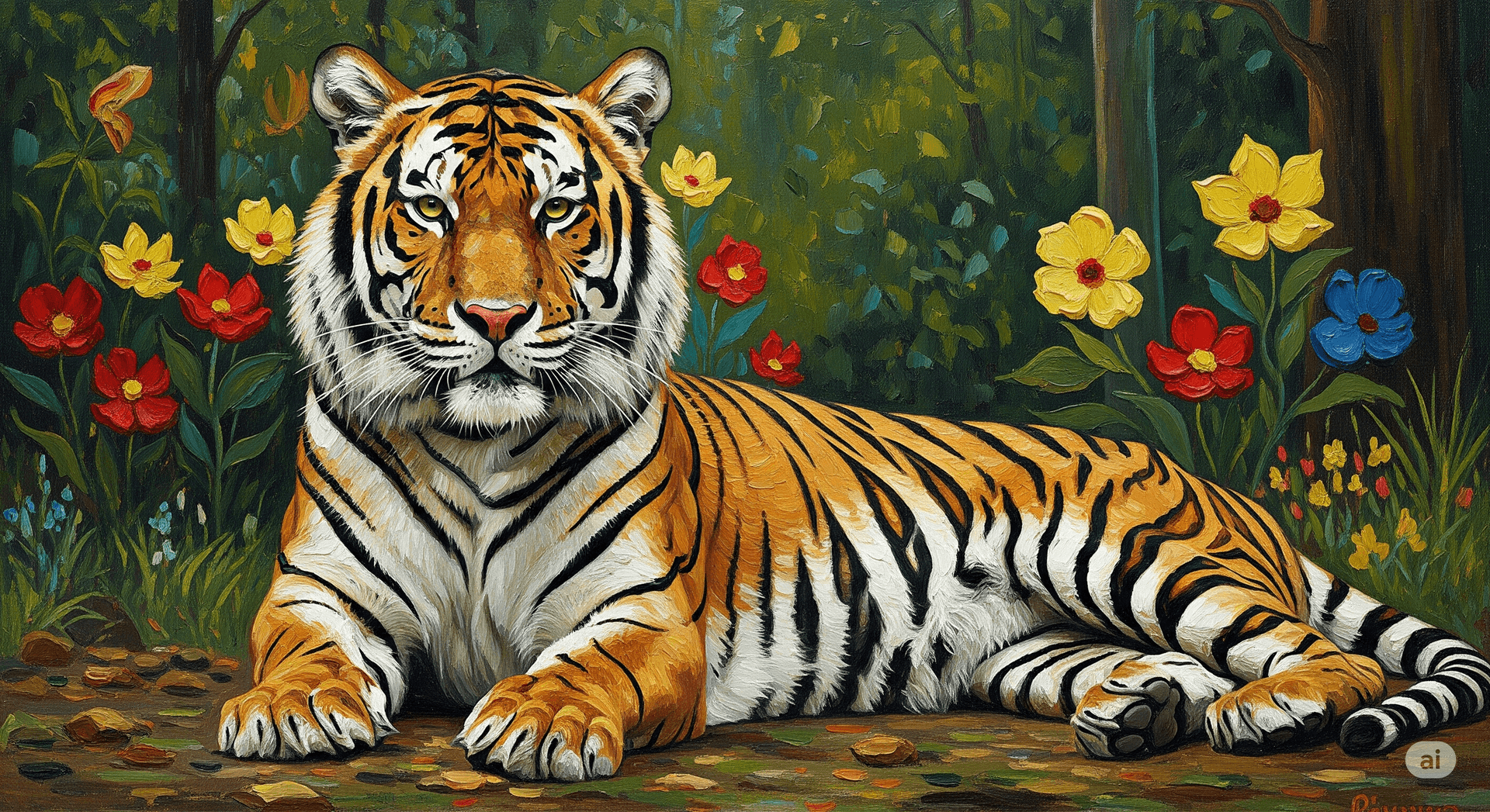 AI generated: A 16:9 ratio image, showcasing a hyperrealistic Bengal tiger resting majestically on the forest floo...