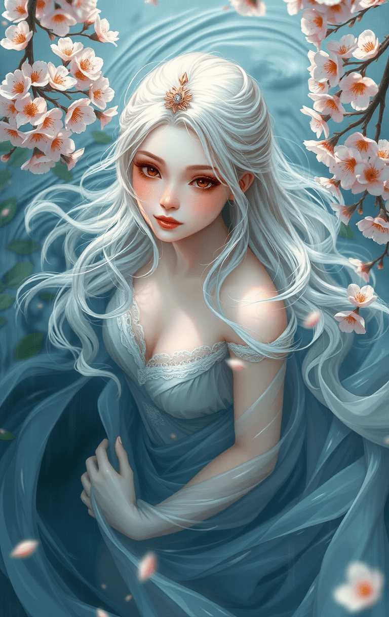 AI generated: A water nymph swimming in a pond surrounded by cherry blossoms and rain, she has a delicate, etherea...