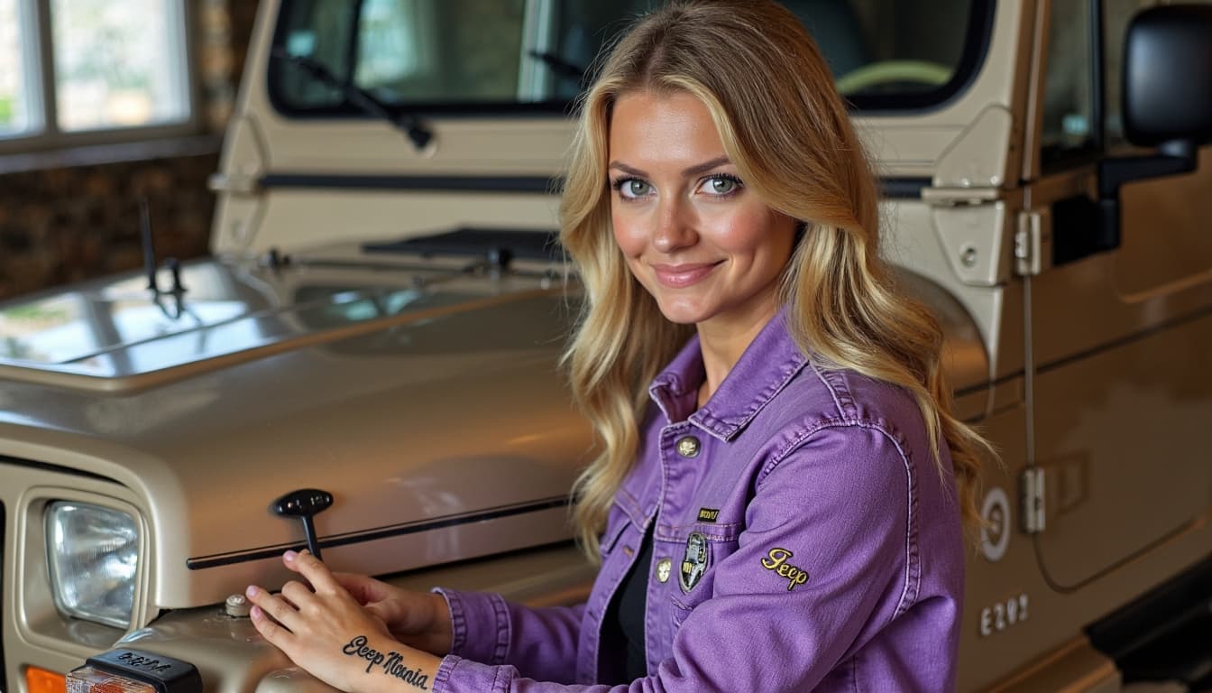 AI generated: A  attractive blond woman who is standing in a car garage. She is wearing purple denim jacket, text ...