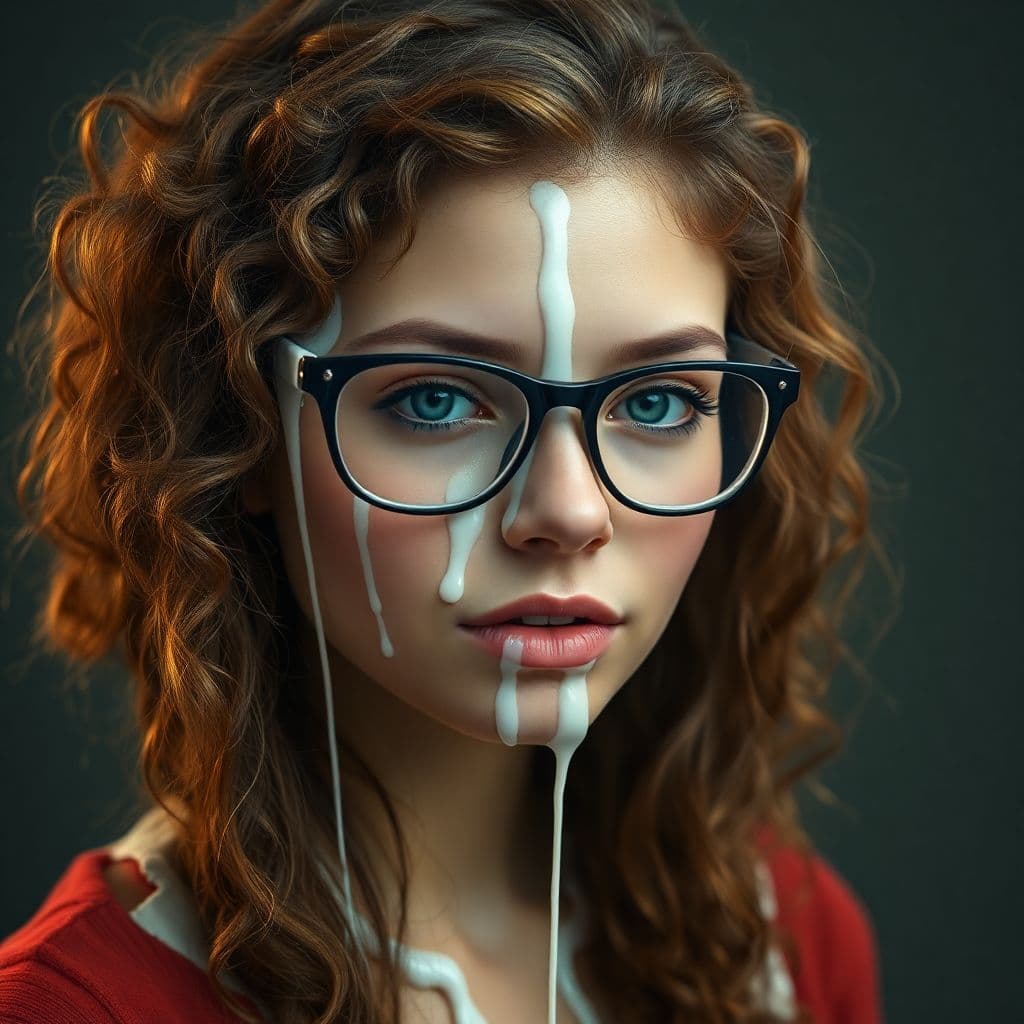 AI generated: Photorealistic, beautiful Girl, Brown curly Hair, wearing glasses, white liquid flows down face in t...