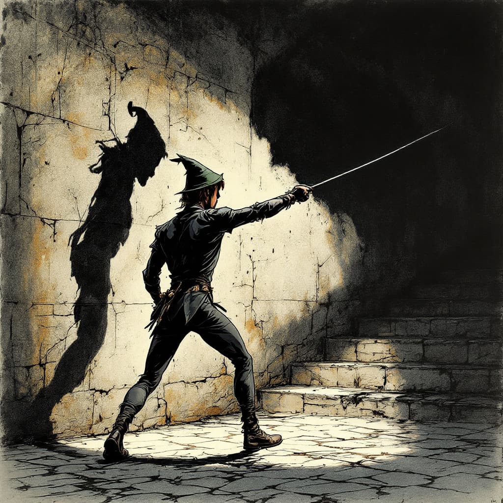 AI generated: Photorealistic  full body shot of peter pan fencing with his shadow against a wall, and  it is taunt...