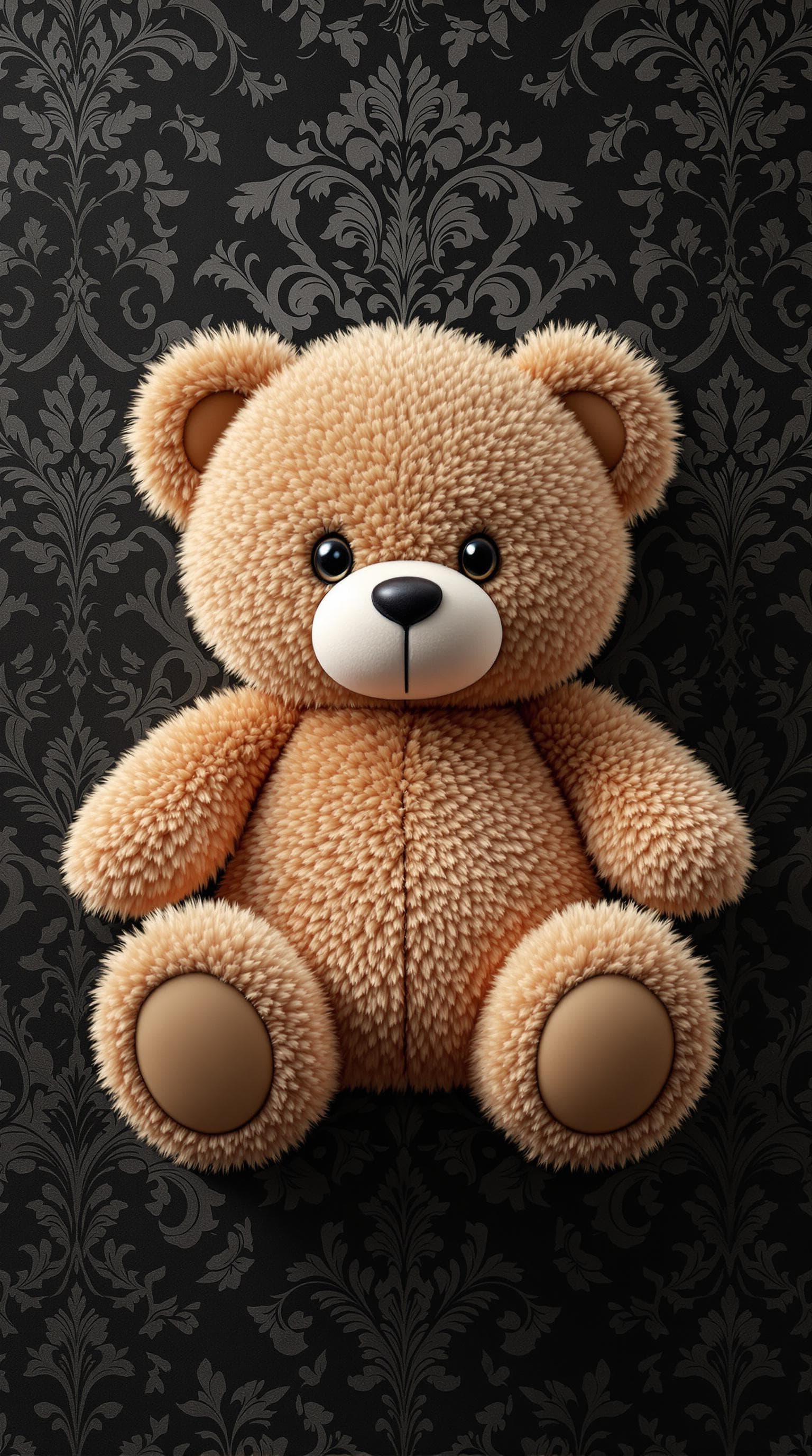 AI generated: A centred 3D cartoon fluffy teddy bear, ornate black baroque wallpaper background, soft lighting, hi...
