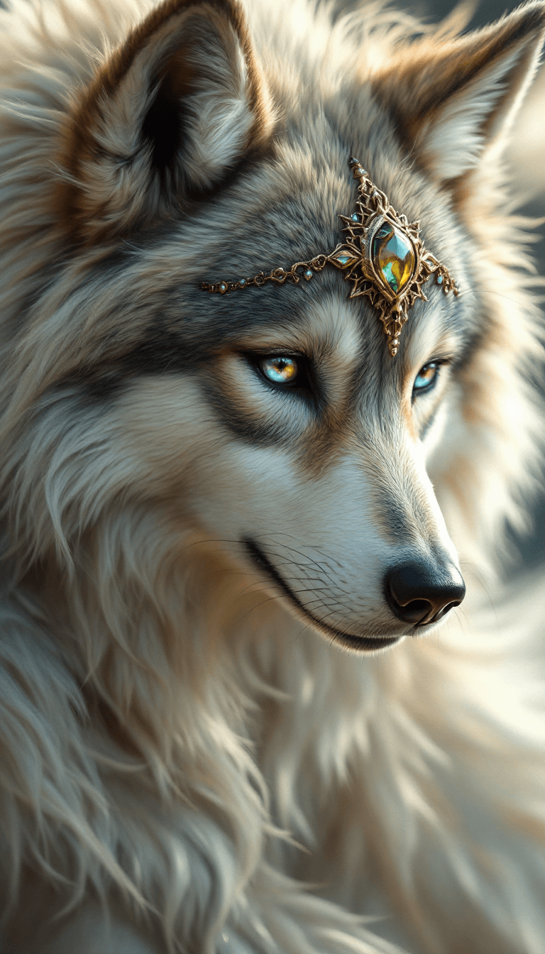 AI generated: Face of a fantasy angel wolf in heaven, many accessories, detailled, face