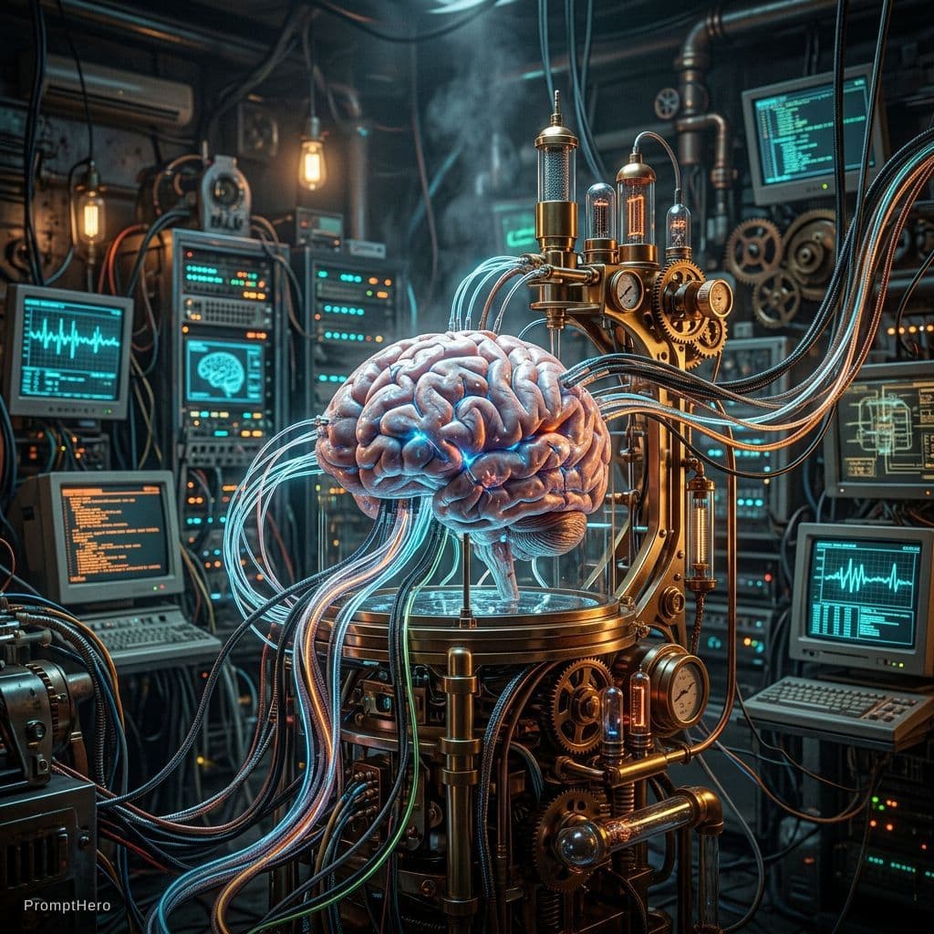 AI generated: a brain connected with cable and computers, dreamlike, hyperrealistic, 8k, hyperdetailed, steampunk ...