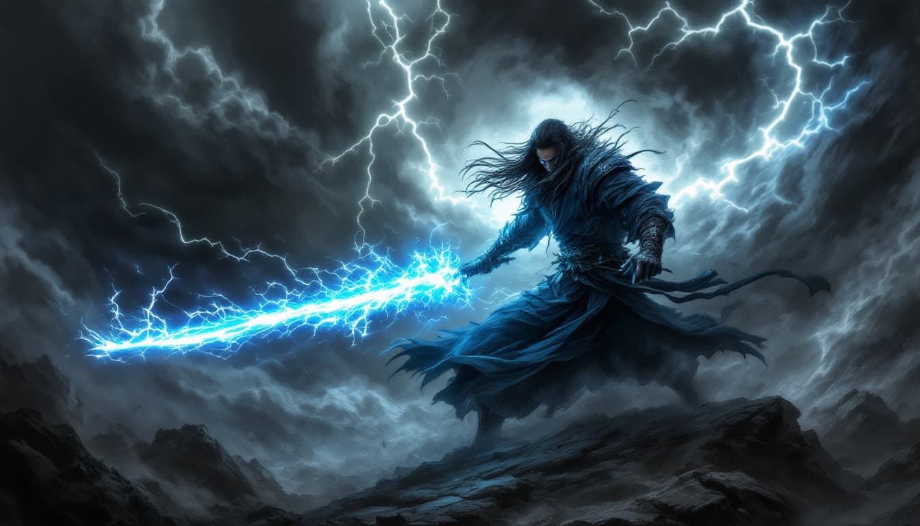 AI generated: A fierce warrior, shrouded in shadows and dynamic energy, wields a glowing blue sword that crackles ...