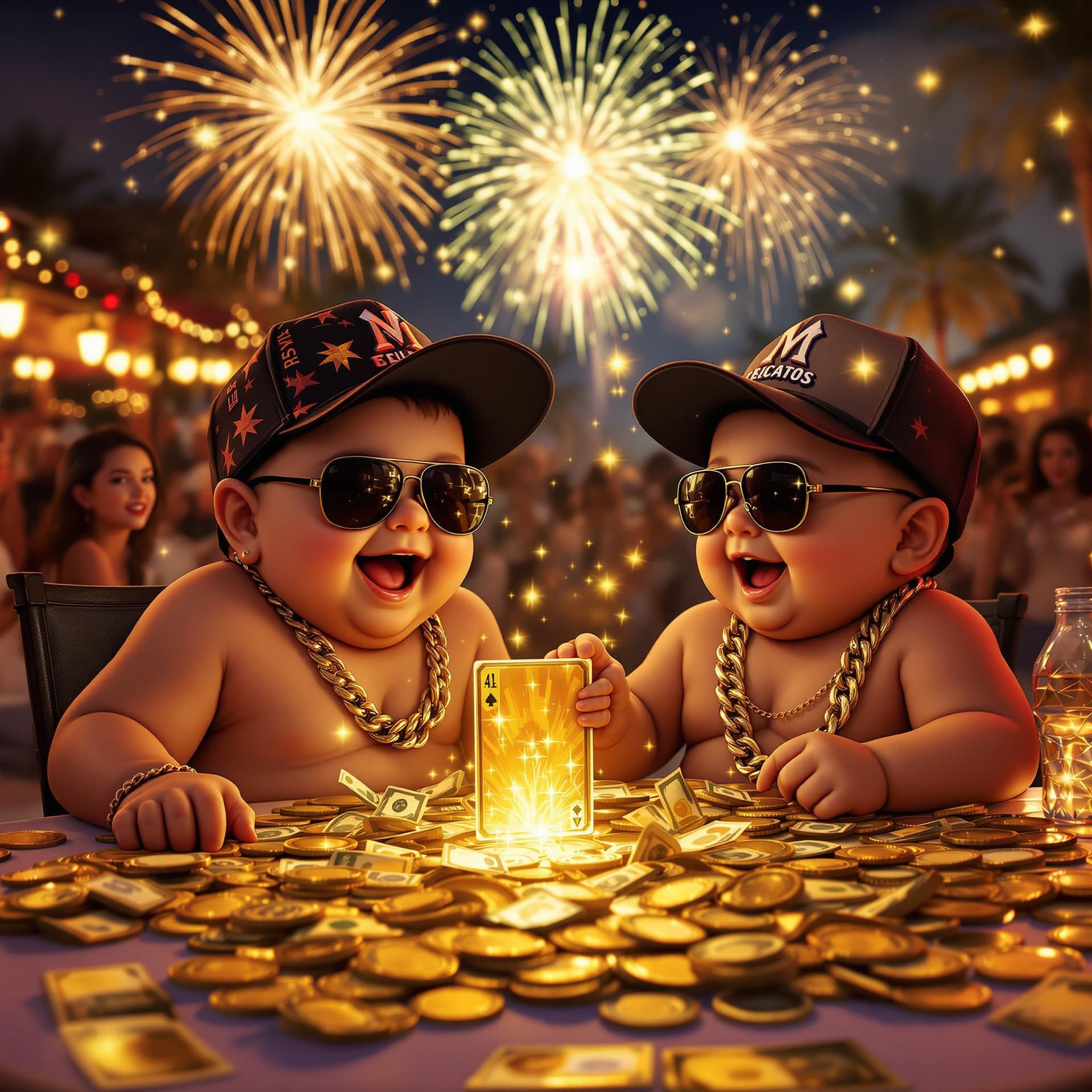 AI generated: TWO DIFFERENT LOOKING LITTLE FAT MEXICAN WHITE 4 YEAR OLD BABYBOYS WITH SUNGLASSES SITTING ON THE TA...