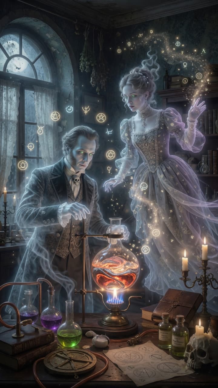 AI generated: "Two elegant ghosts, one male and one female, both dressed in detailed Victorian-era clothing with f...