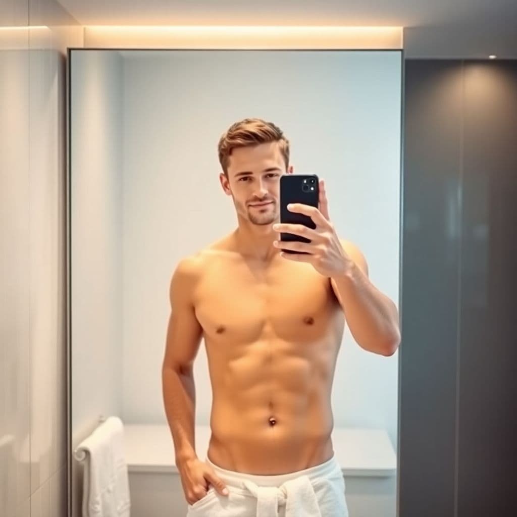 AI generated: A European man, 29 years old, with short brown hair, standing in front of a mirror taking a selfie w...